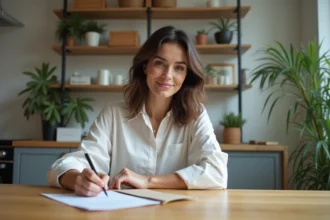 Femme assise à une table de cuisine moderne en train de remplir un document
