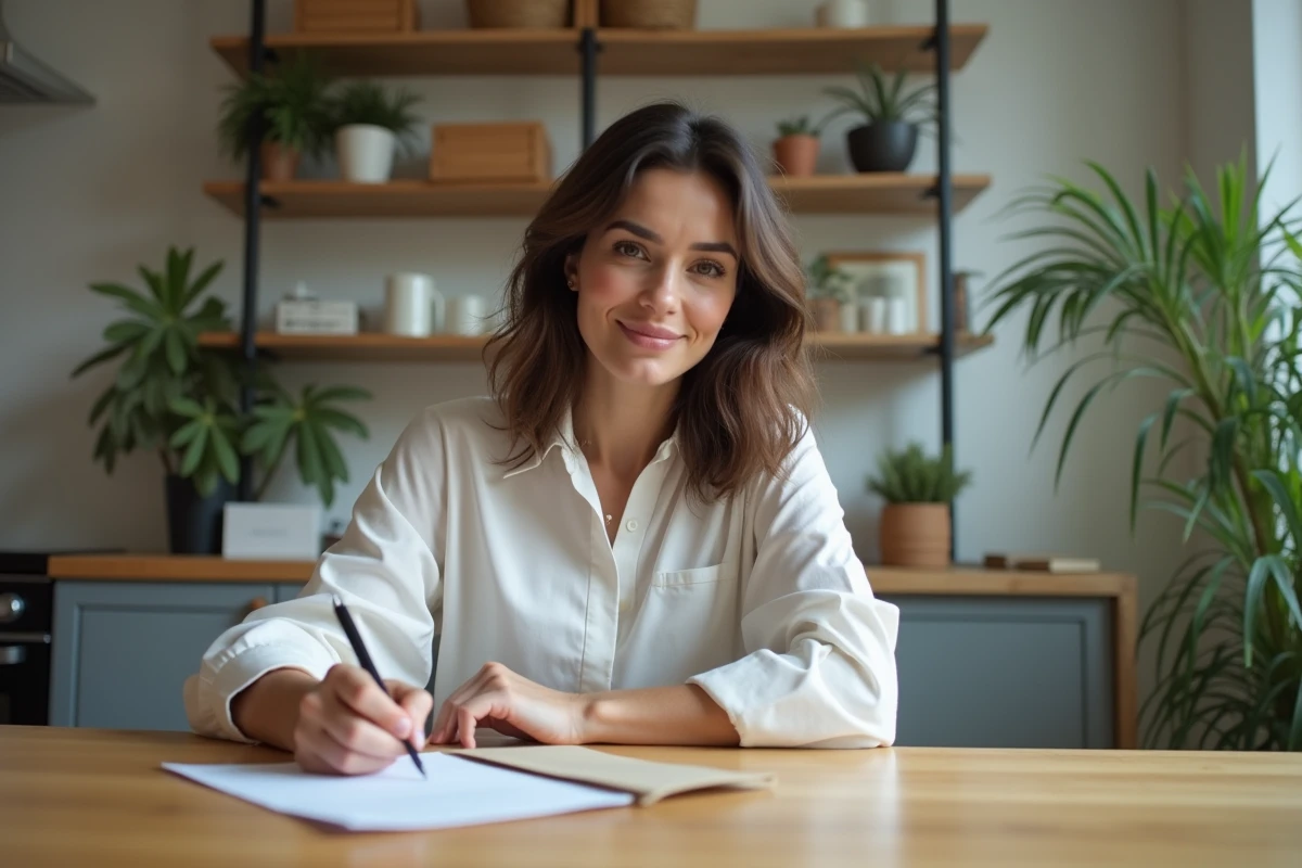 Femme assise à une table de cuisine moderne en train de remplir un document