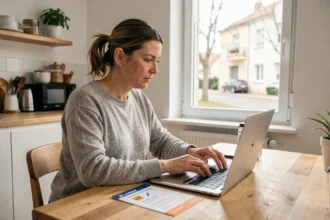 Femme consultant une notification de livraison La Poste sur son ordinateur portable dans une cuisine moderne