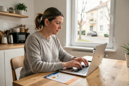 Femme consultant une notification de livraison La Poste sur son ordinateur portable dans une cuisine moderne