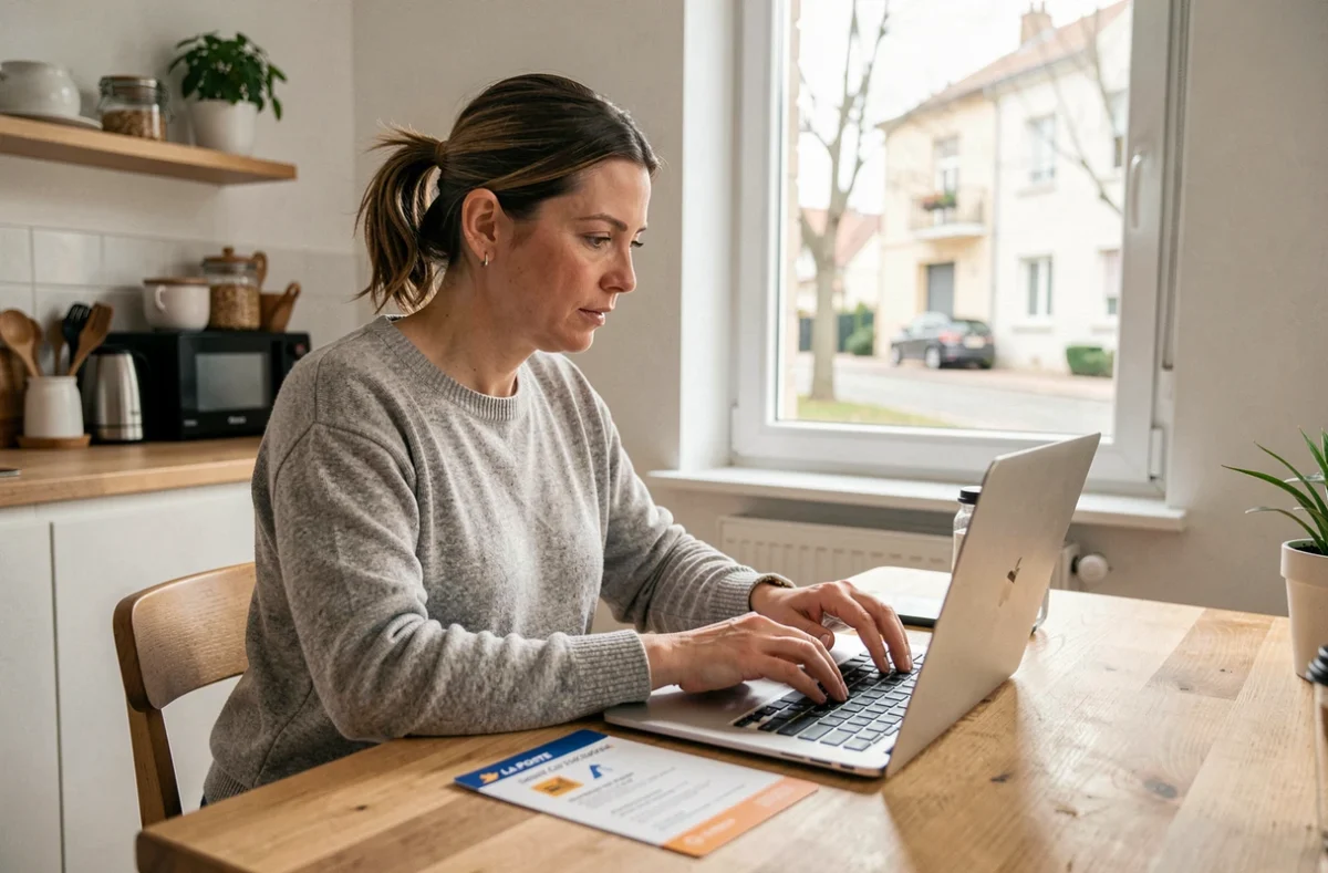 Femme consultant une notification de livraison La Poste sur son ordinateur portable dans une cuisine moderne