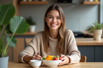 Femme souriante dégustant une salade de fruits dans la cuisine
