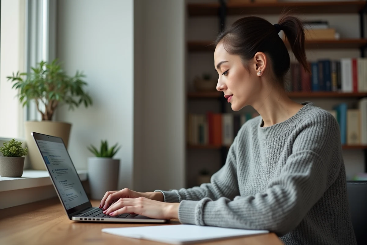 Femme consultant un site d'information généraliste sur un ordinateur portable dans un bureau à domicile