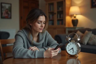 Jeune femme pensant à la maison avec horloge 21h12