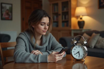 Jeune femme pensant à la maison avec horloge 21h12