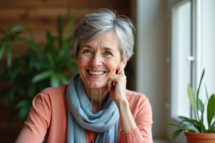 Femme d'âge moyen souriante dans un intérieur chaleureux