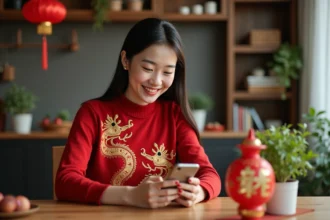 Jeune femme asiatique souriante en sweater rouge pour lune annee