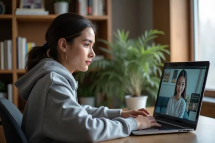 Jeune femme naviguant sur une plateforme de vidéos en streaming depuis son bureau à domicile