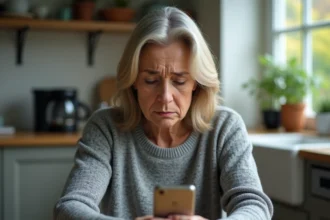 Femme stressée tenant son smartphone après un appel téléphonique agressif d'un numéro inconnu commençant par 03 77