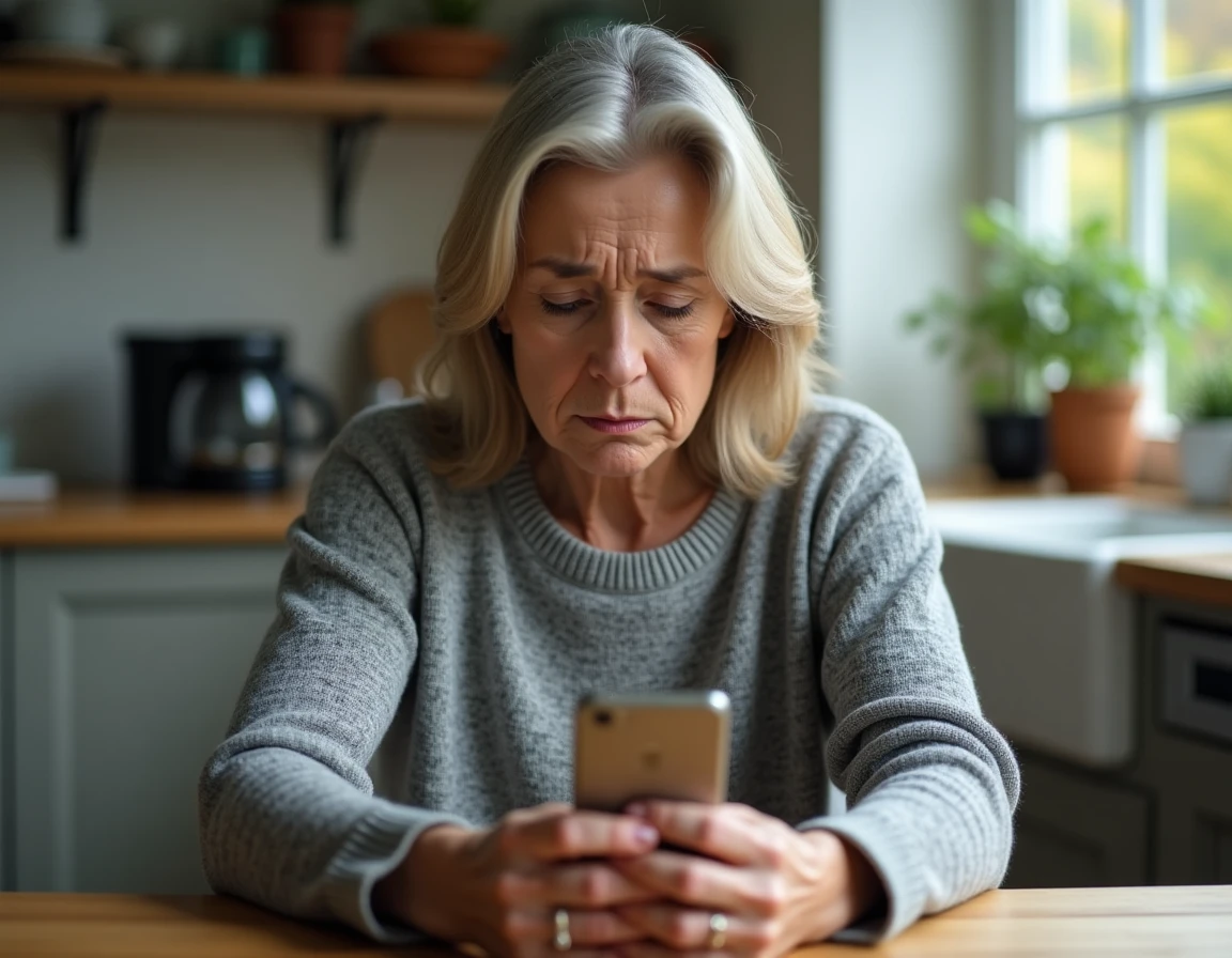 Femme stressée tenant son smartphone après un appel téléphonique agressif d'un numéro inconnu commençant par 03 77