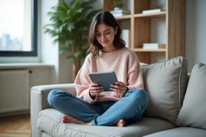 Jeune femme assise sur un canapé avec une tablette dans un appartement lumineux