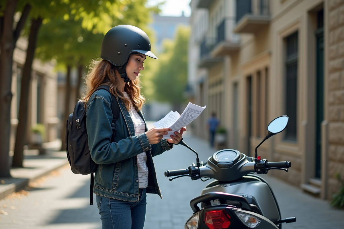 Femme inspectant une moto 125cc sur une rue résidentielle