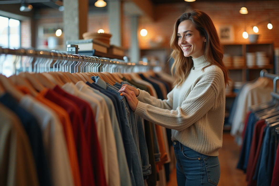 Femme souriante dans une friperie écologique