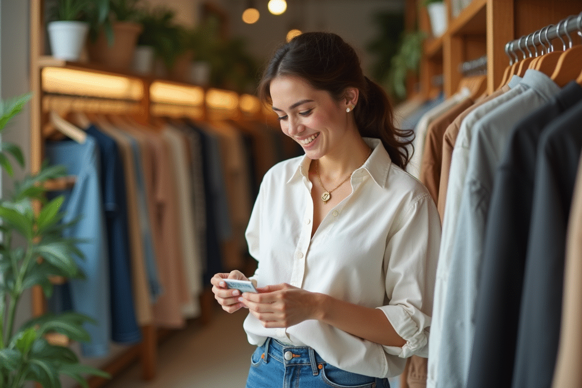 Jeune femme inspectant une étiquette ecolabel dans une boutique de mode durable