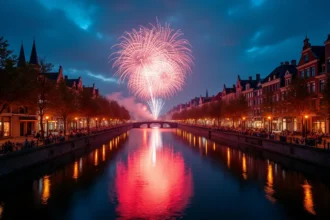 Feu d'artifice du 14 juillet 2026 à Lille avec reflets colorés sur le canal et foule de spectateurs