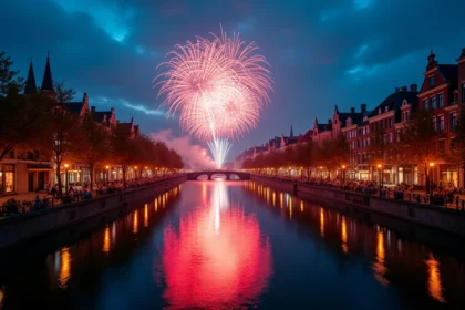 Feu d'artifice du 14 juillet 2026 à Lille avec reflets colorés sur le canal et foule de spectateurs