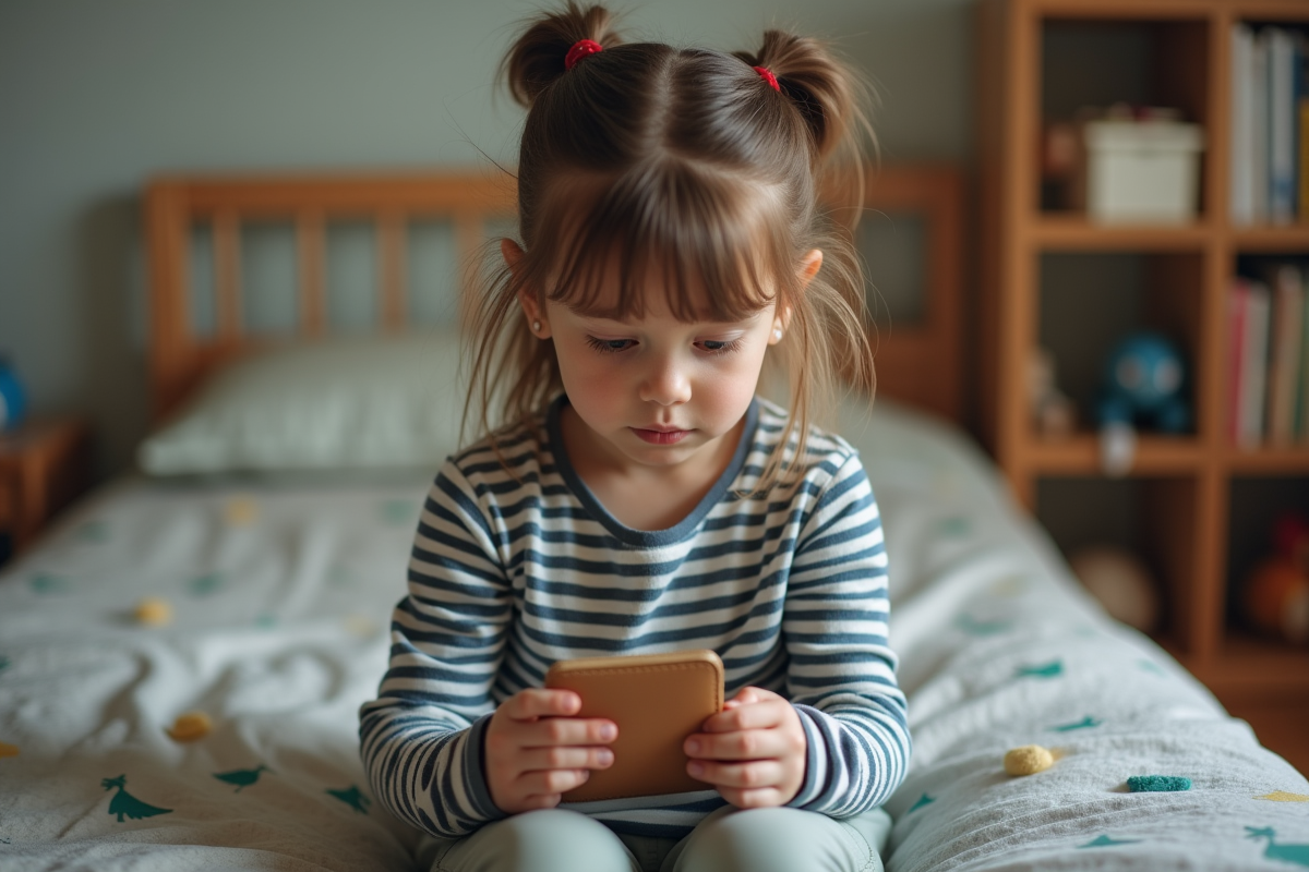 Jeune fille de 8 ans avec porte-monnaie dans sa chambre