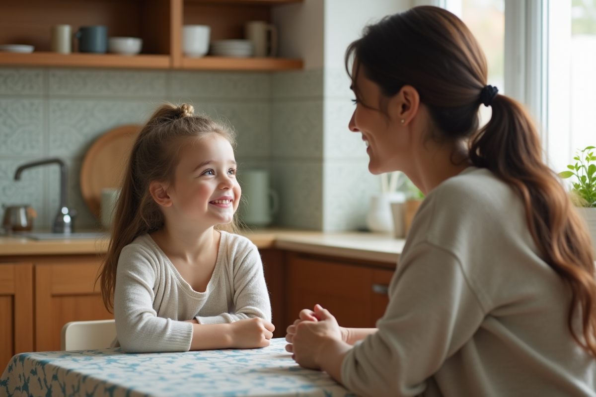 Jeune fille curieuse à la table de cuisine avec une femme
