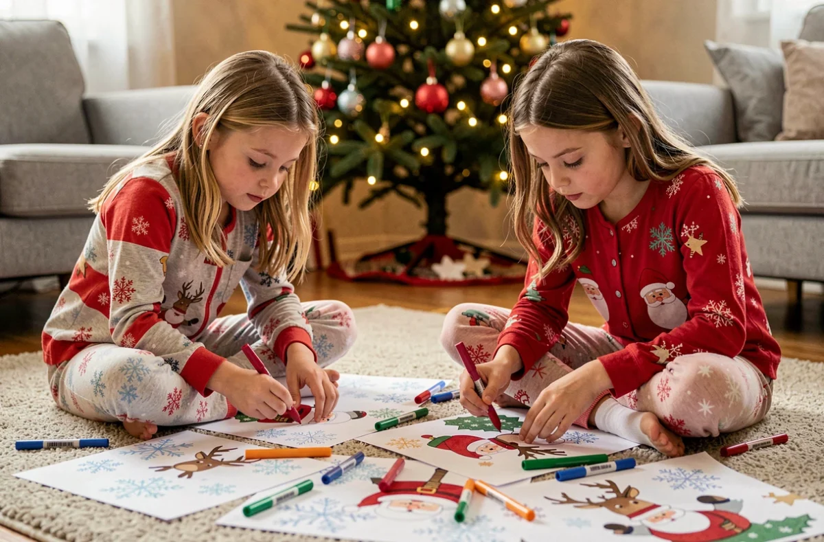 Deux fillettes en pyjama de Noël coloriant des dessins imprimés sur le sol du salon près d'un sapin décoré
