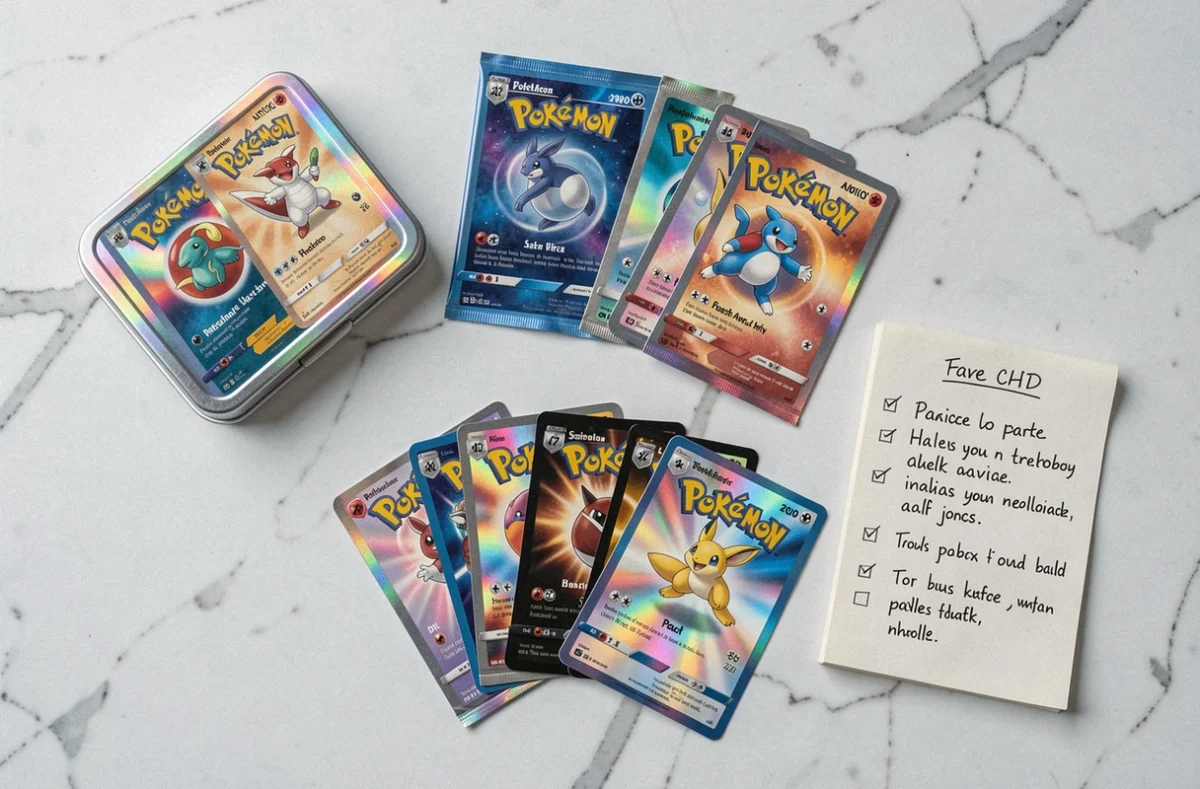 Flat lay de boosters, coffrets et cartes holographiques Pokémon sur marbre blanc