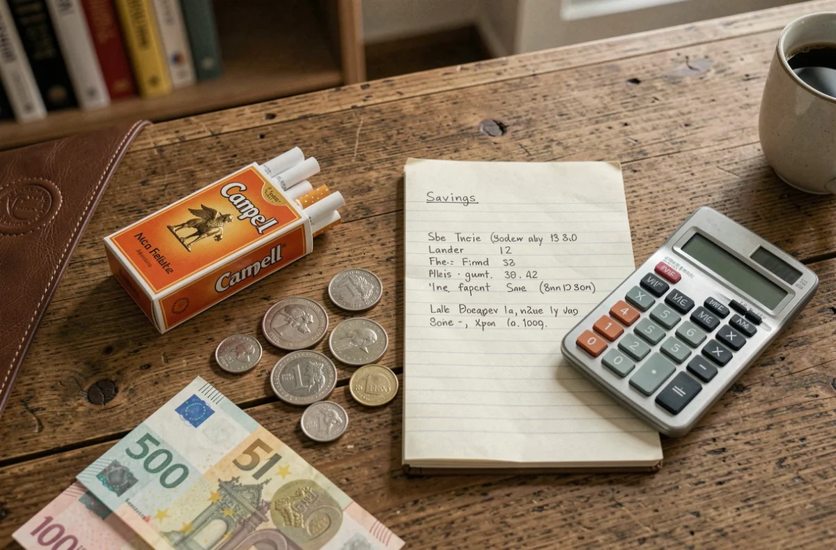 Flat lay d'un paquet de Camel, euros et calculs d'économies annuelles sur un bureau à Luxembourg