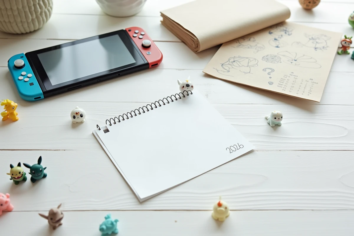 Flat lay Nintendo Switch et notes de rumeurs sur les sorties Pokémon secrètes de 2026