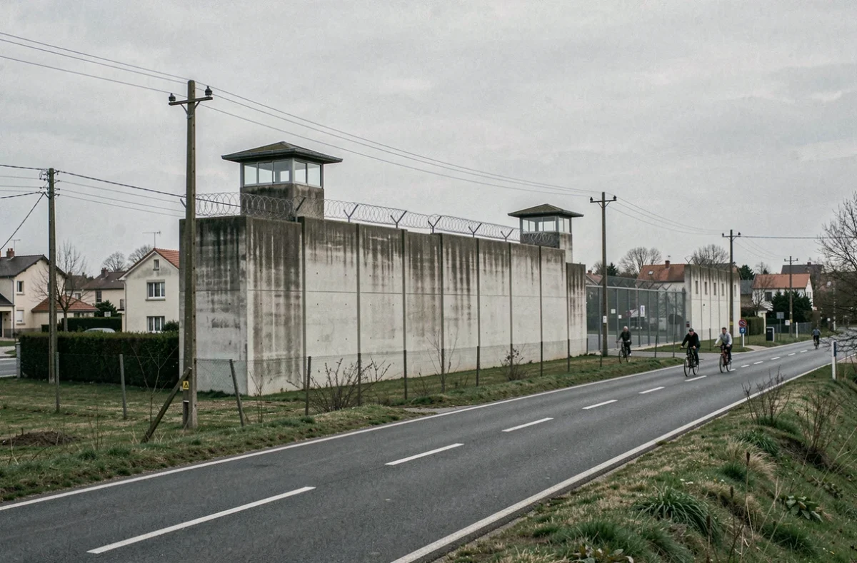 Mur d'enceinte de la prison de Fleury-Mérogis en Essonne vue depuis la route, illustrant l'effet pénitentiaire sur les statistiques locales
