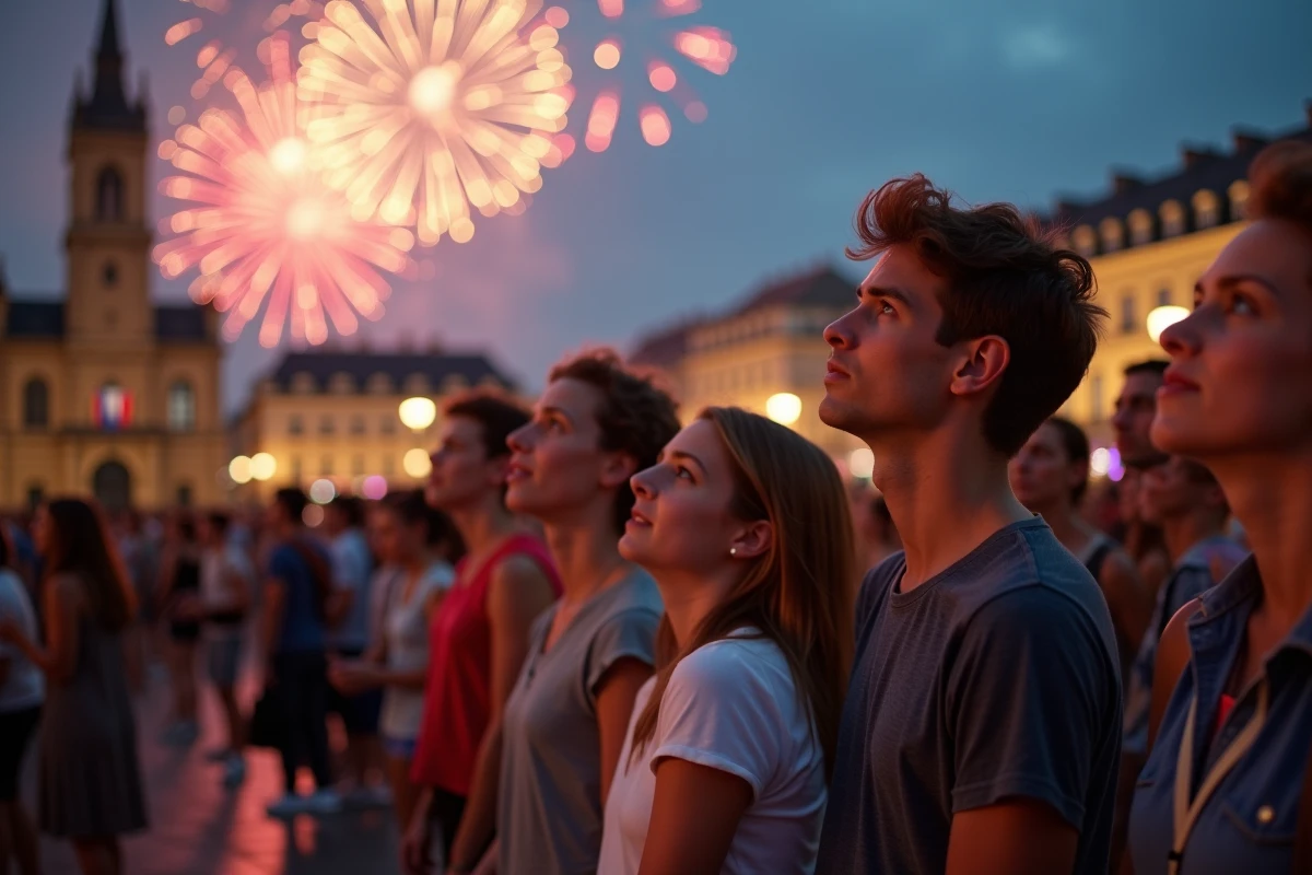 Foule de spectateurs admirant le feu d'artifice du 14 juillet sur la Grand-Place de Lille