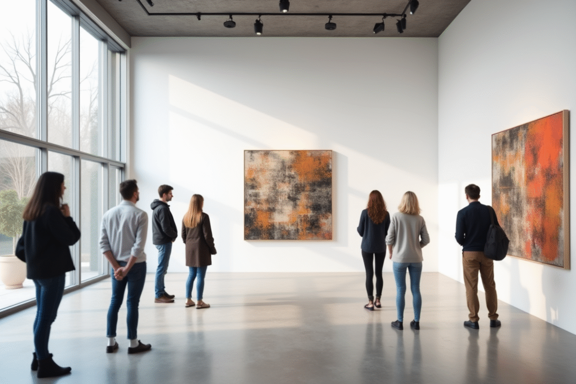 Intérieur d'une galerie d'art contemporain avec visiteurs