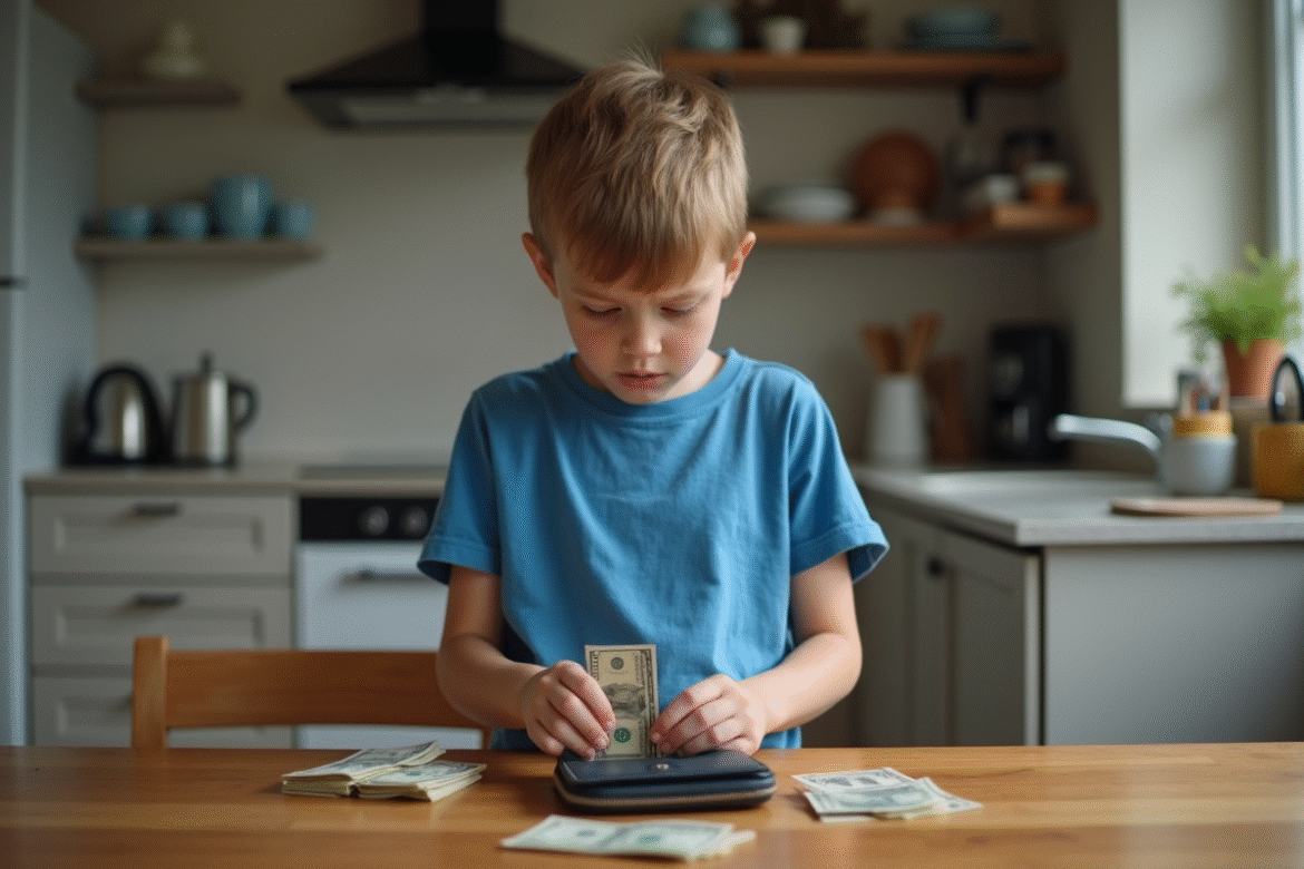 Garçon de 10 ans comptant de l'argent dans la cuisine