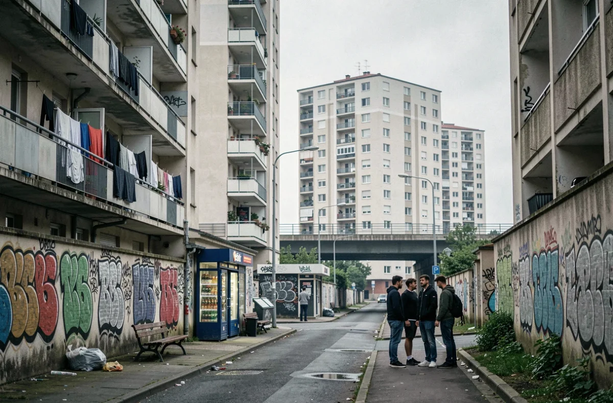 Cité dense de Garges-lès-Gonesse dans le Val-d'Oise avec tours, commerces et jeunes regroupés, illustrant délinquance et densité urbaine