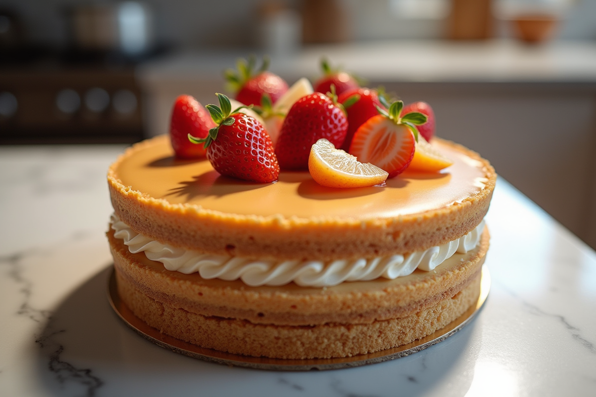 Gâteau opéra entier sur plan de travail en marbre
