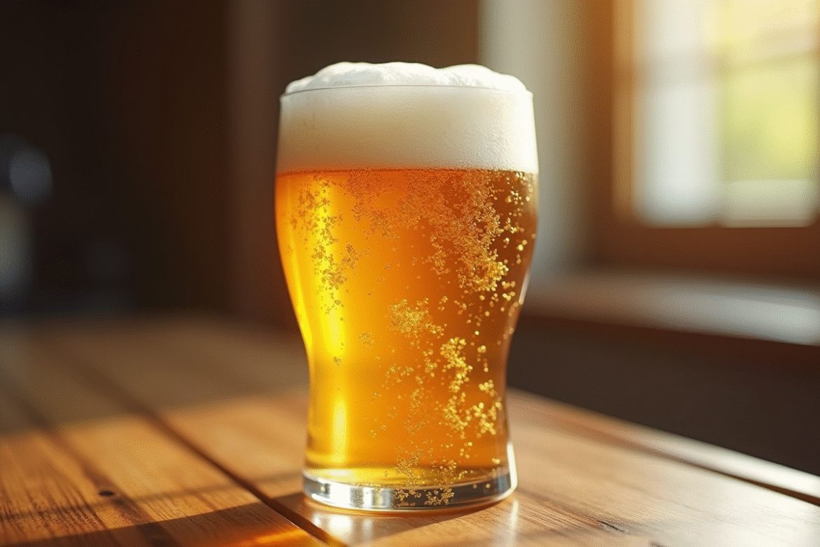 Verre de bière dorée avec mousse sur table en bois