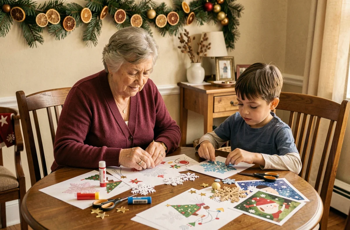 Grand-mère et petit-fils réalisant des activités de Noël avec des dessins imprimés et des décorations en papier sur une table familiale
