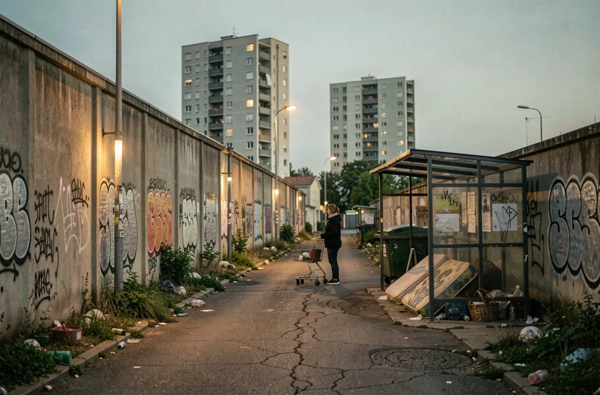 Rue dégradée de Grigny en Essonne au crépuscule avec tags, abri-bus vandalisé et tours HLM en arrière-plan