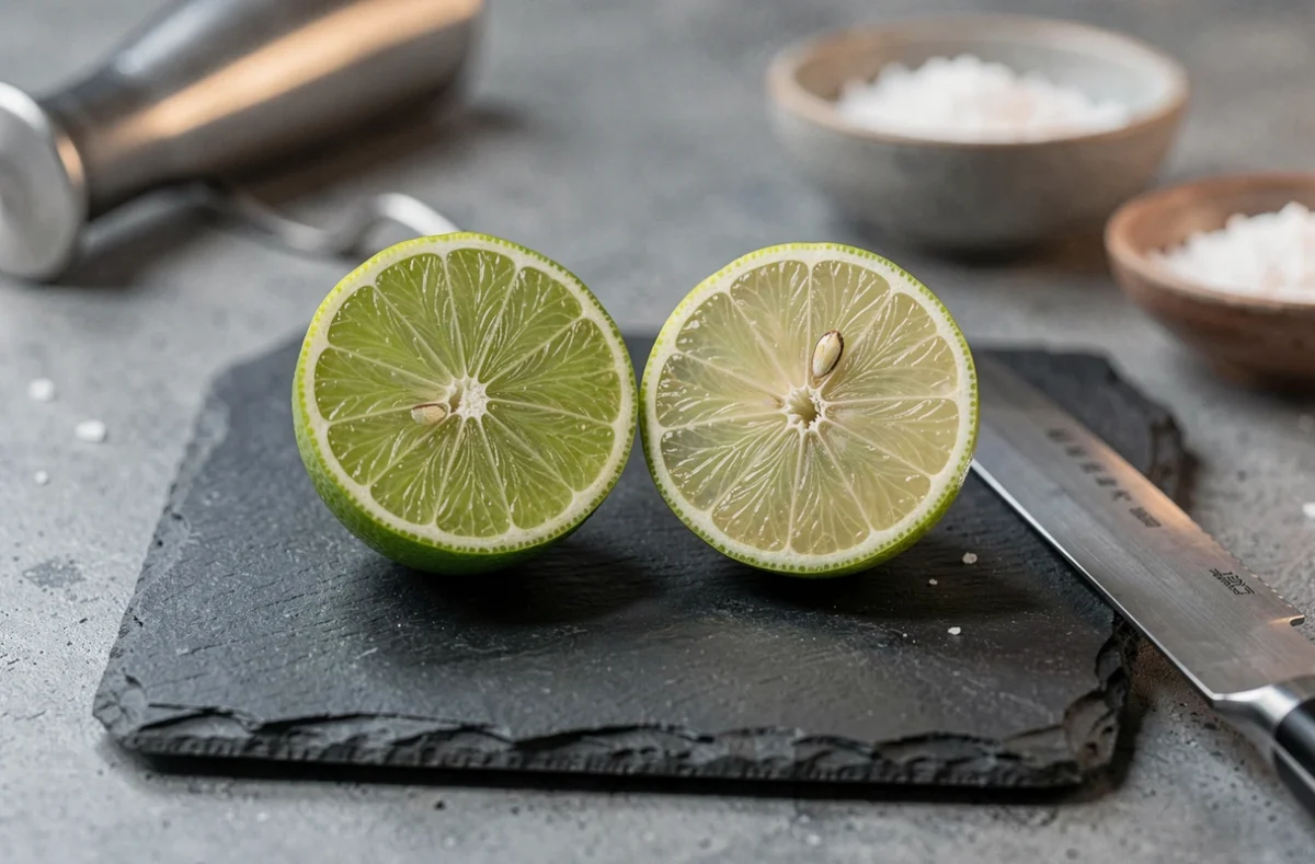 Gros plan sur des moitiés de citron vert bio et classique coupées sur une planche en ardoise avec un couteau japonais