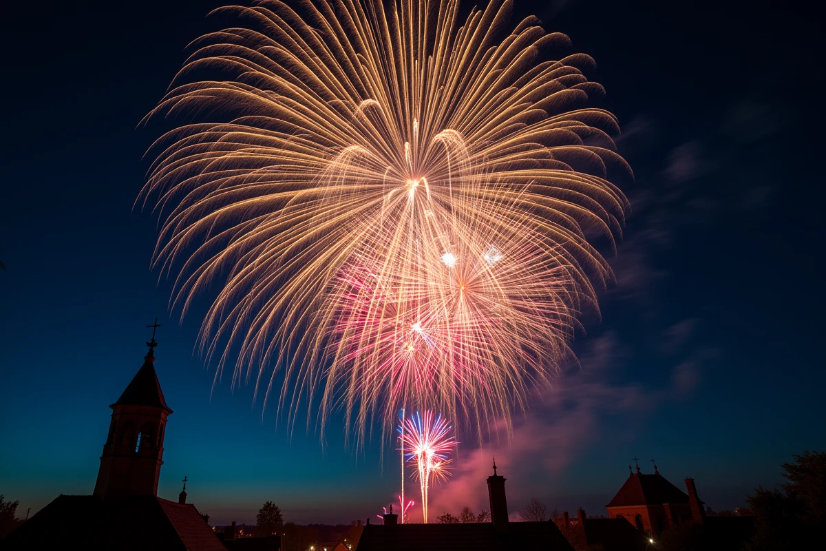 Gros plan sur les explosions colorées du feu d'artifice du 14 juillet 2026 au-dessus des toits de Lille