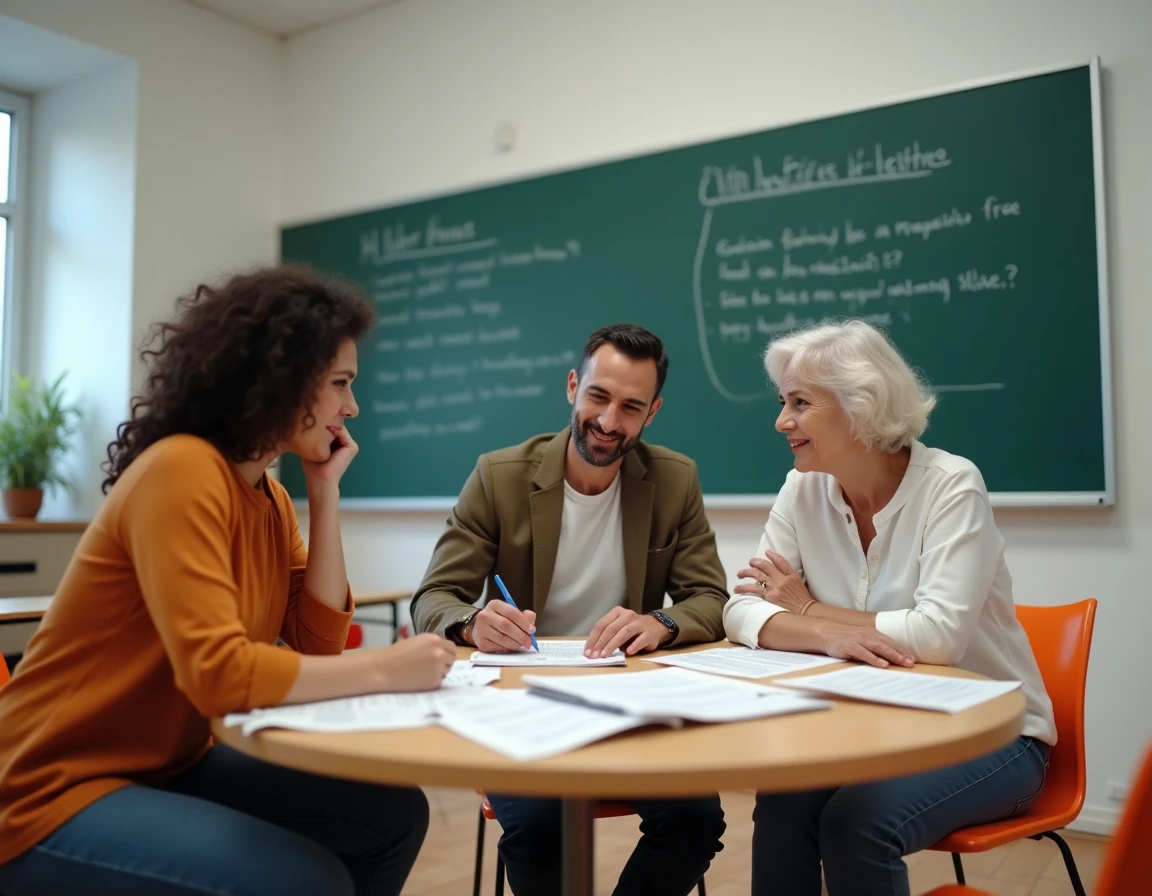 Groupe d'adultes en cours de préparation à la naturalisation française dans une salle communautaire