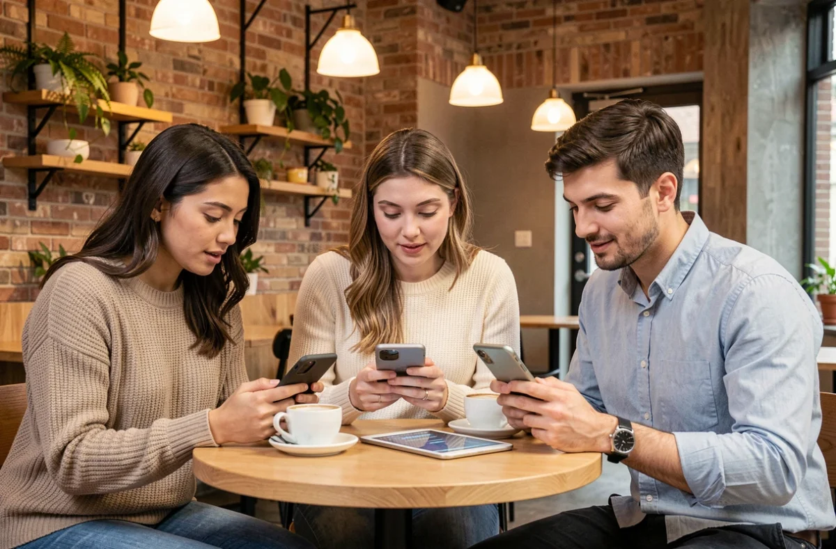 Groupe de jeunes professionnels consultant leurs appareils mobiles dans un café urbain discutant du mot-clé dfendr devenu tendance en 2026