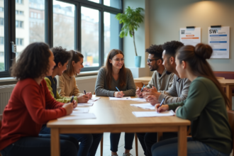 Groupe divers d adultes et enfants autour d une table en centre social