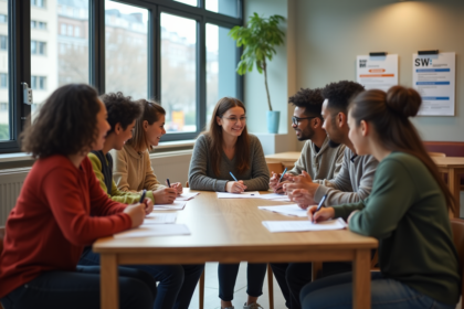 Groupe divers d adultes et enfants autour d une table en centre social