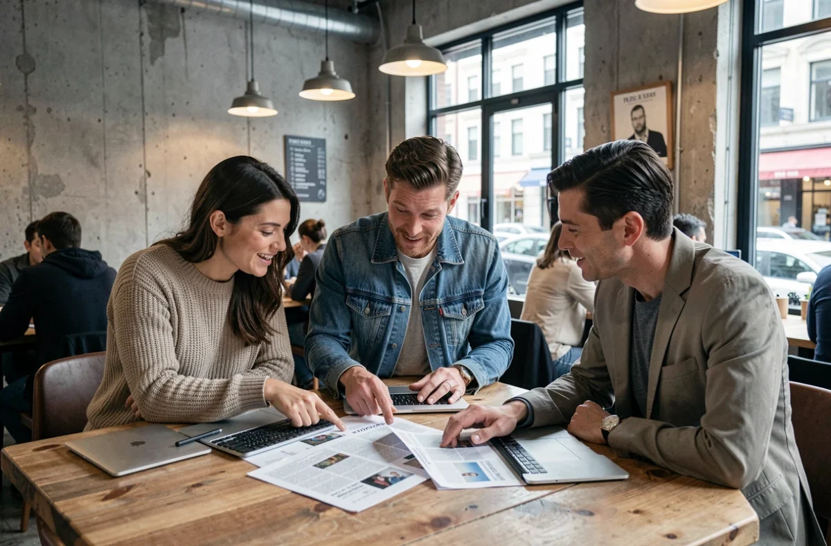 Groupe de personnes débattant autour de la tendance Waslerdoskuwa dans un espace de travail collaboratif urbain