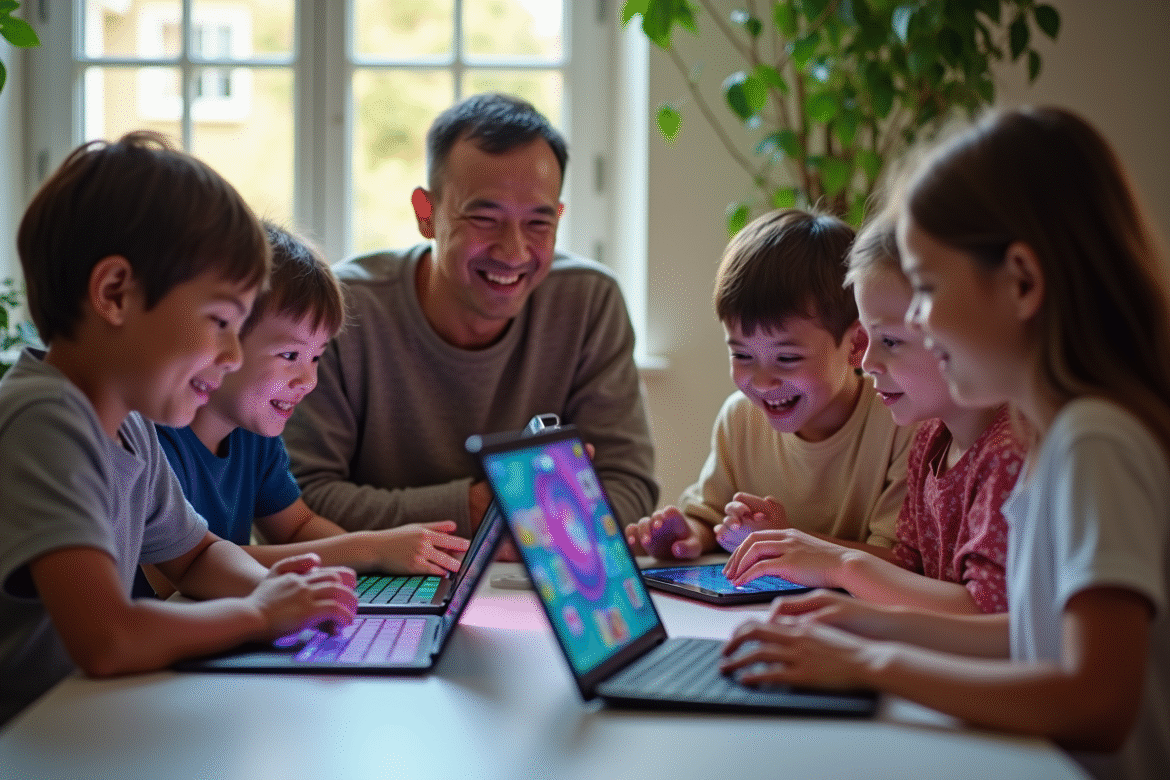 Groupe diversifié jouant en ligne avec tablettes