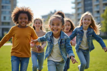 Groupe d'enfants souriants jouant dans un parc urbain