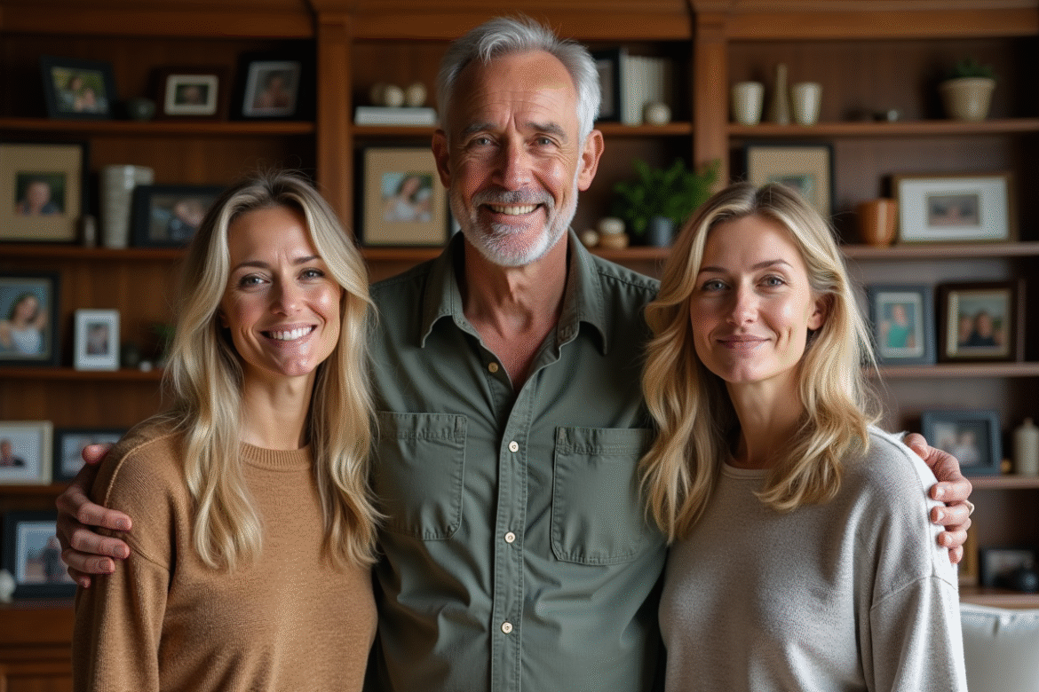Groupe familial contemplatif dans un salon chaleureux