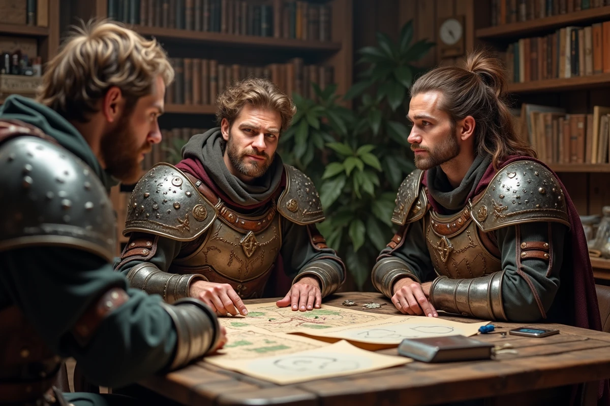 Groupe de joueurs discutant autour de cartes fantasy