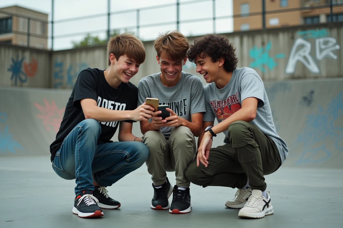Groupe de jeunes en streetwear réagissant ensemble à une vidéo sur smartphone dans un skate park urbain, représentant les nouvelles expressions et tendances des réseaux sociaux chez les jeunes en 2026