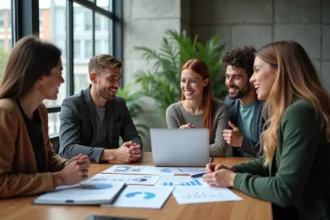 Groupe de millennials discutant autour d'une table de coworking