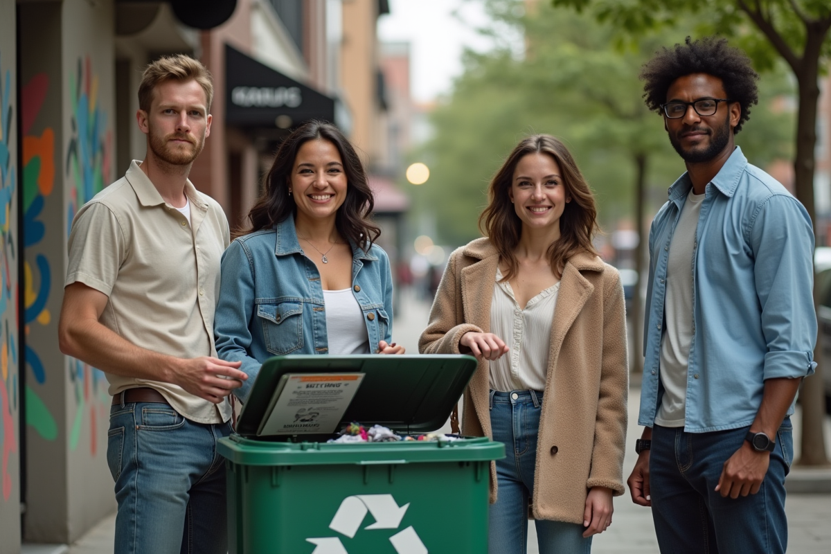 Groupe divers de personnes avec vêtements upcyclés devant une poubelle urbaine