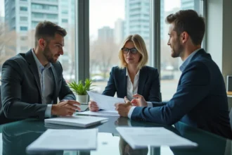 Groupe de professionnels autour d'une table dans un bureau moderne